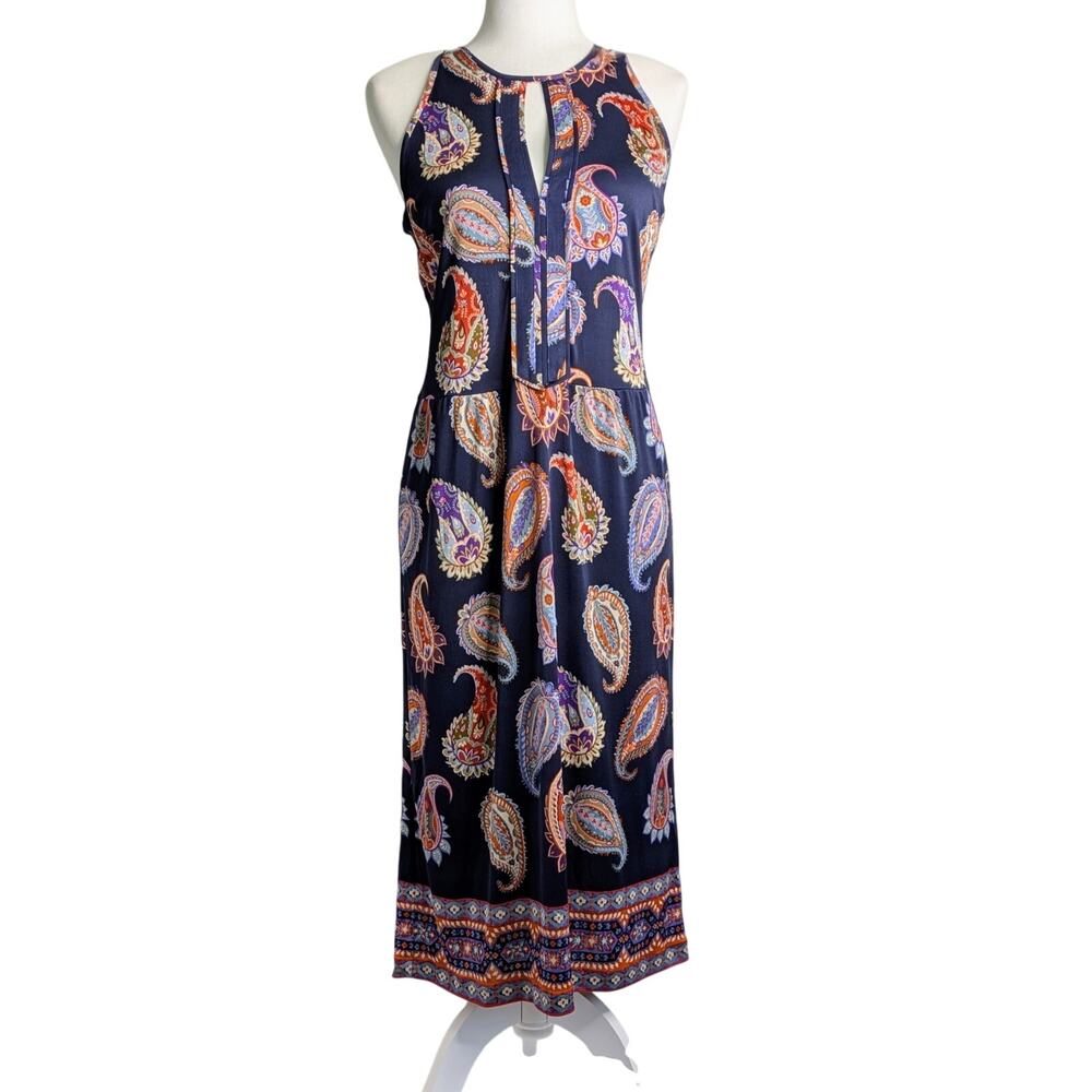 Tory Burch Libby Silk Dress M Navy Paisley Sleeveless Keyhole Midi 100% Silk